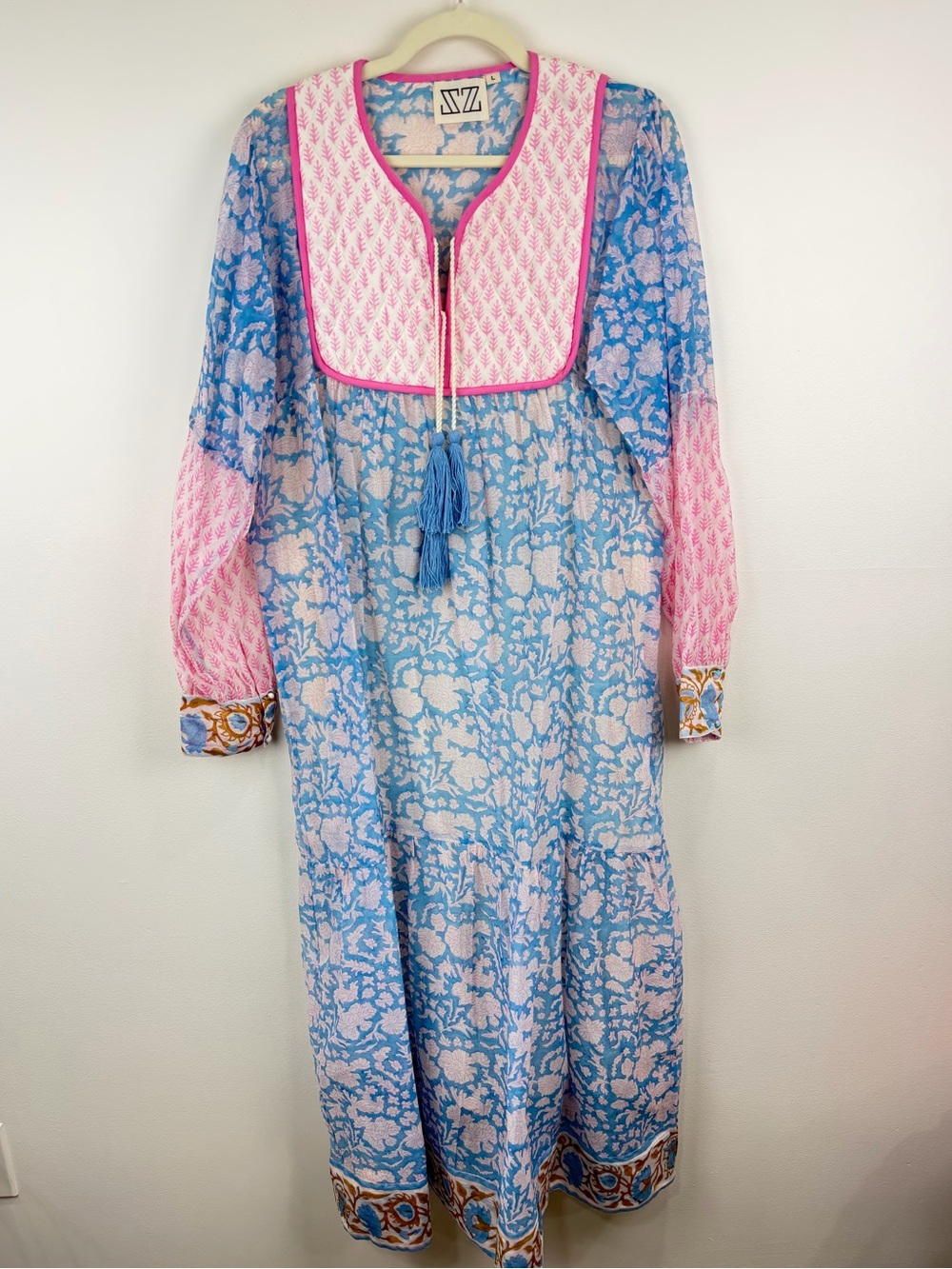 SZ Blockprints Blue Pink Floral Silk Cotton Maxi Dress Size L